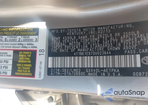 2013 Toyota Avalon Limited z USA, uszkodzony, nr VIN 4T1BK1EB7DU023644